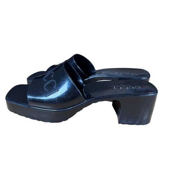 Gucci Rubber Logo Sandals Black PVC Glossy Mule Platform Slide Size 37 - Picture 4 of 10